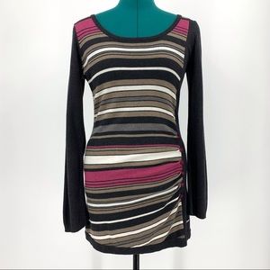 Point Zero Hip Length Stripes and Solid Sweater with Hip Ruching, Medium